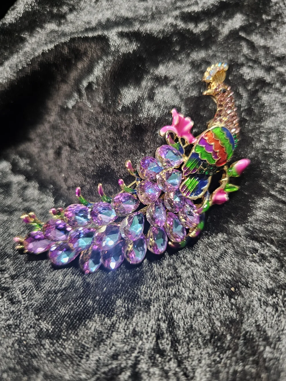 Multicolor Peacock Crystal Brooch - Vibrant Purple and Rainbow Accent